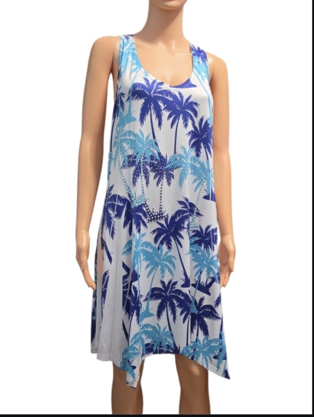 MT Collection Tropical Palm Tree Rhinestone Resortwear Speeveless Beachy Dress